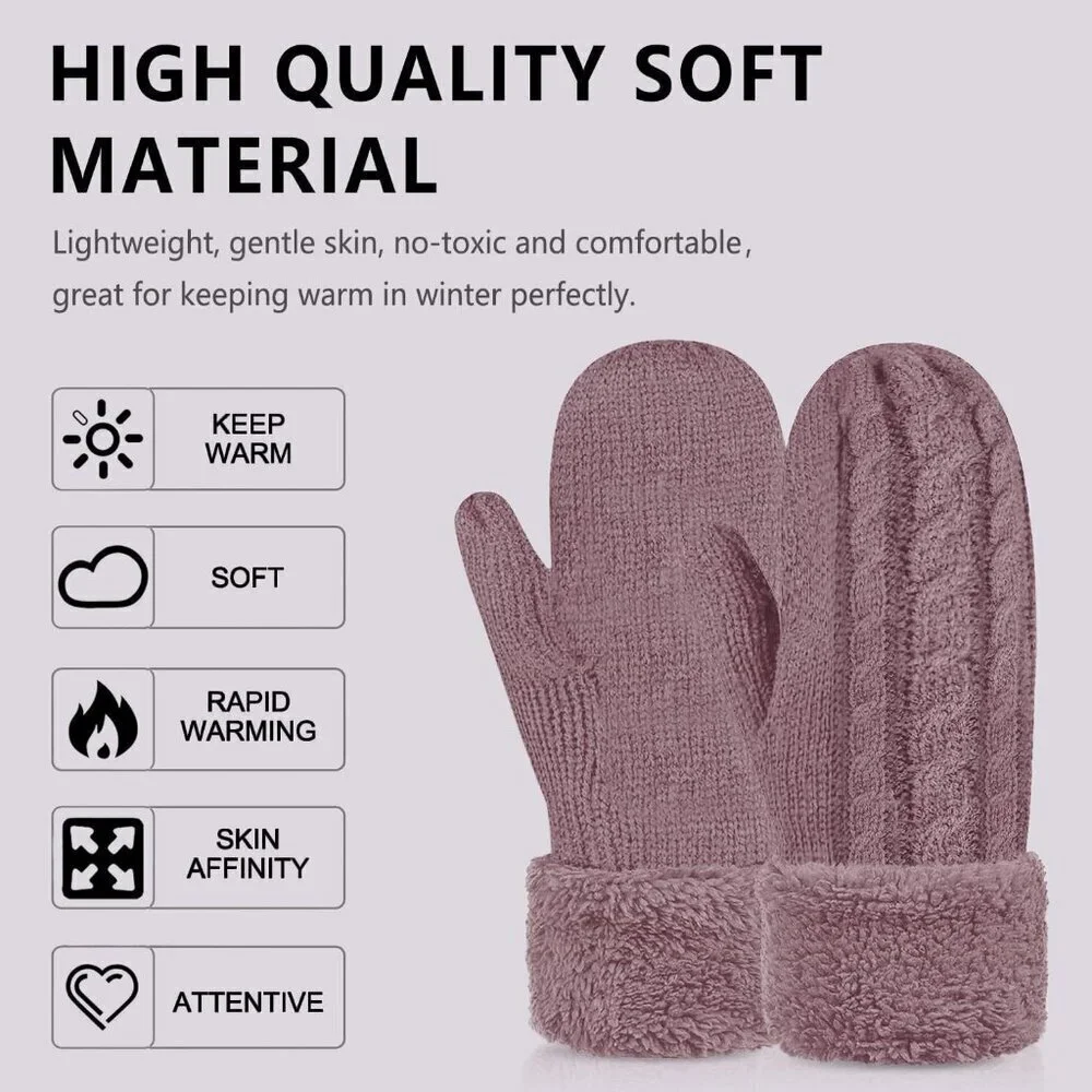 Women's Lilac Winter Warm Imported Fleece Lining Cozy Wool Knit Thick Gloves
